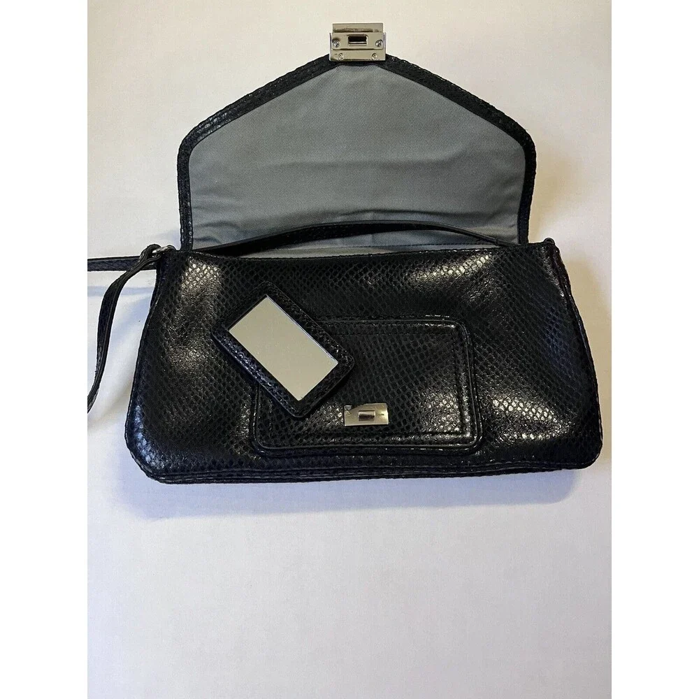 Calvin Klein Vintage Black Leather SnakeSkin Flap Shoulder HandBag with Mirror